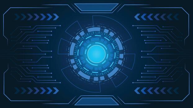 Futuristic blue tech background featuring a glowing digital interface with circular elements and circuit lines ideal for technology designs cyber themes innovation and modern UI concepts vector