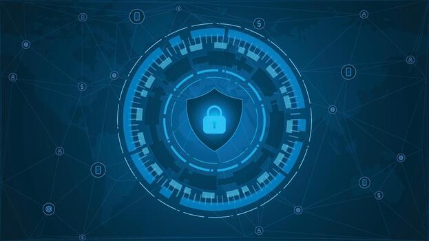 Blue global cyber security background featuring a glowing shield lock at the center of a digital interface with world map and network icons ideal for data protection privacy and secure tech themes vector