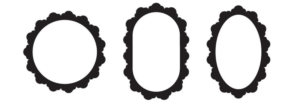 Elegant round and oval frames with intricate lace borders. Black scalloped edges add vintage charm to mirror style decorative designs for logos and monograms. vector