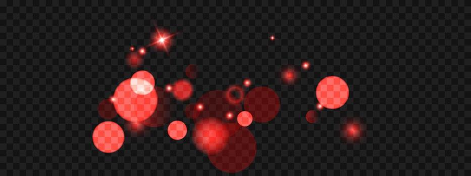 Glowing red bokeh circles float on dark background, creating dreamy light effects with sparkles and luminous particles for artistic holiday decorations and warm atmospheric overlays. vector