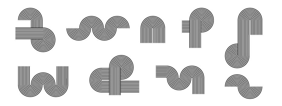 Graphic line art with abstract shapes and arch patterns. Minimalist boho background design showcasing geometric waves, circles, and zen-inspired contemporary elements. vector