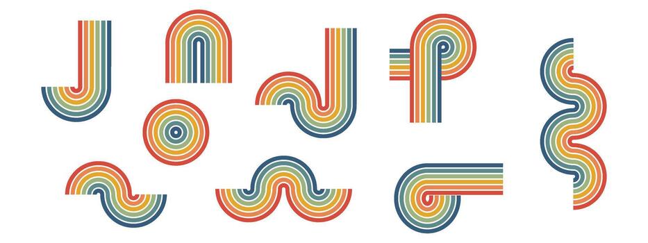 Wavy curved stripes flow across vibrant 70s-inspired design. Psychedelic perspective creates dynamic movement with bold colors, geometric shapes, and nostalgic appeal. vector