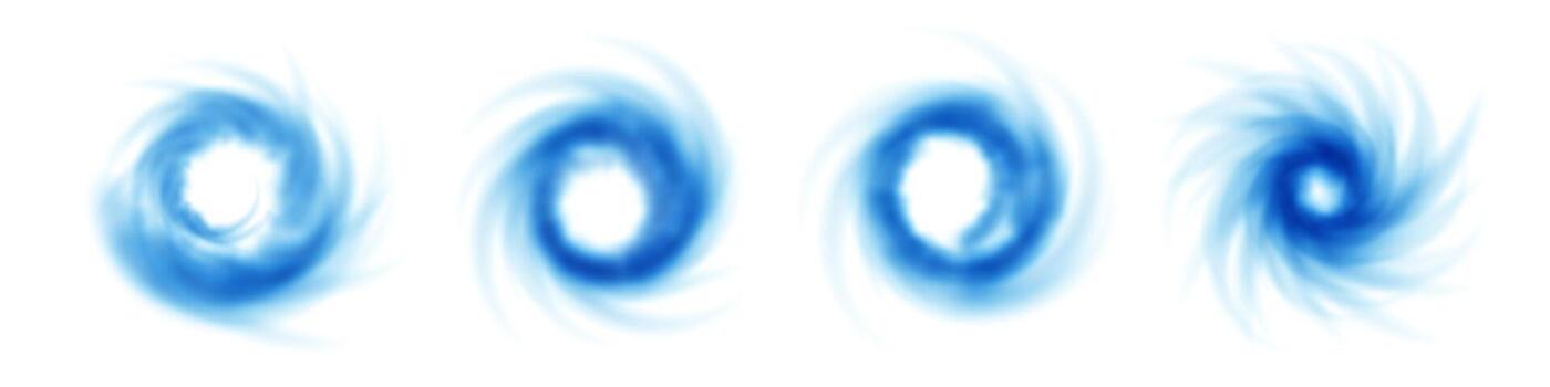 Swirl wind flow forms clean vortex with fast circular motion. Cool blue spin shapes fresh airflow as wave lines curve through abstract space. Dynamic whirlpool energy for rotation suction design vector