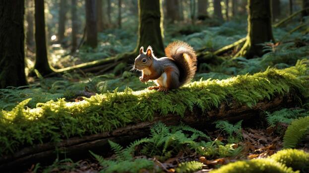 ardilla alimentándose en un cubierto de musgo Iniciar sesión en un sereno bosque, con luz de sol filtración mediante arboles foto
