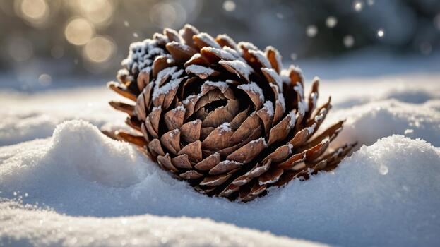 cubierto de nieve pino cono descansando en un Nevado suelo, con suave bokeh luces en el antecedentes foto