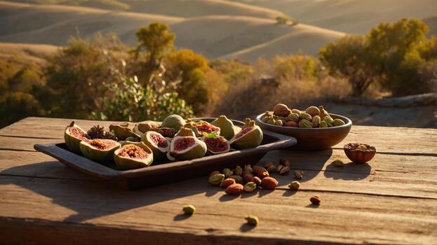 Freshly cut figs and assorted nuts arranged on a rustic wooden table with rolling hills in the background photo