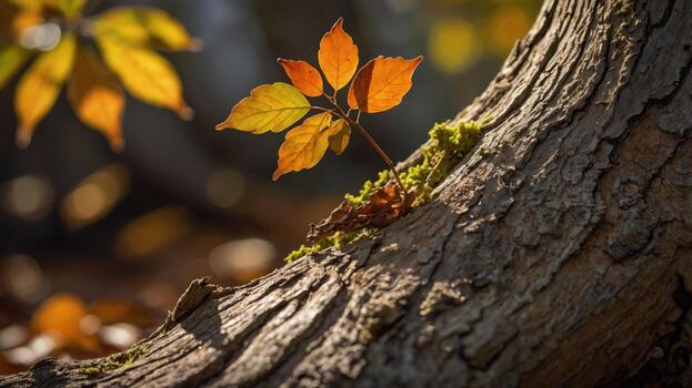 A close-up of vibrant autumn leaves emerging from a textured tree trunk in a serene forest setting photo