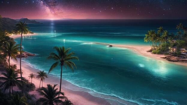 Serene twilight beach scene with palm trees, a tranquil ocean, and a starry sky in the background photo