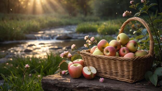 Freshly picked apples in a wicker basket by a serene stream, sunlight filtering through trees photo