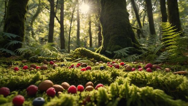 A vibrant forest floor covered with colorful berries and nuts, illuminated by sunlight filtering through trees photo