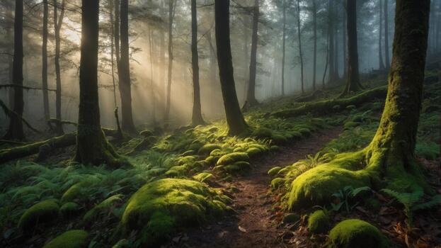 Serene forest path illuminated by soft sunlight filtering through misty trees, showcasing lush greenery photo
