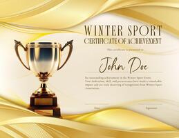 Winter Sport Certificate of Achievement with Gold Trophy and Abstract Wave template