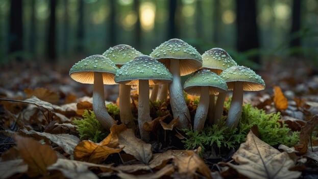 A cluster of vibrant green-capped mushrooms illuminated by soft sunlight in a serene forest setting photo