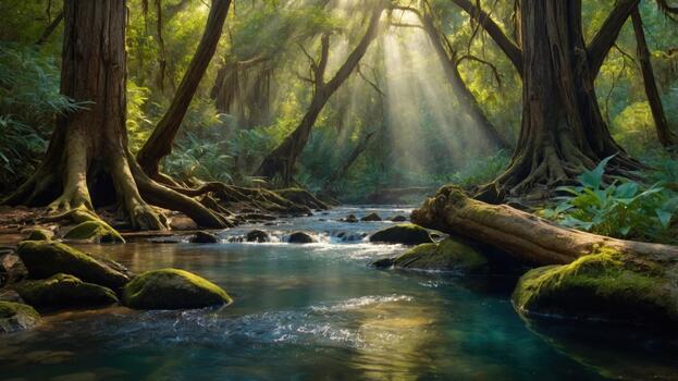 Serene forest stream with sunlight filtering through trees, creating a tranquil natural scene photo