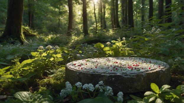 Serene forest scene with a stone slab adorned with colorful berries, sunlight filtering through trees photo