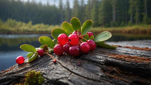 Fresco rojo bayas descansando en un Iniciar sesión por un sereno lago rodeado por lozano verde arboles en el antecedentes foto