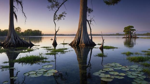 tranquilo lago escena a amanecer con ciprés arboles reflejando en calma aguas, rodeado por lirio almohadillas foto