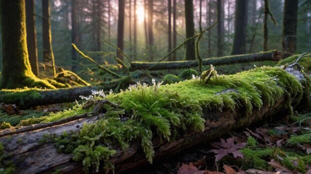sereno bosque escena con cubierto de musgo registro, luz de sol filtración mediante árboles, creando un tranquilo atmósfera foto