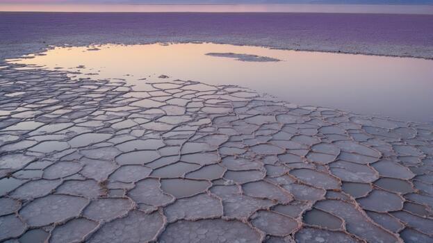 Stunning salt flats at sunset with unique hexagonal patterns and a serene reflective pool photo