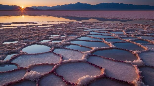 Sunset over a serene salt flat, showcasing hexagonal patterns and reflective water pools in the background photo