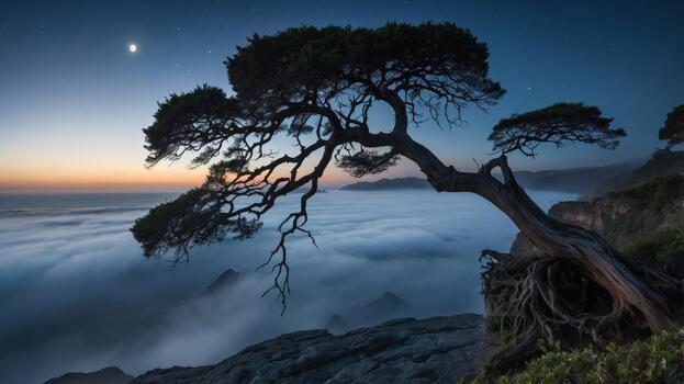 A tree on top of a cliff with the moon and clouds in the background photo