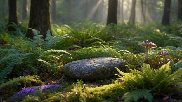 Tranquil forest scene with ferns and mushrooms illuminated by soft sunlight filtering through trees photo