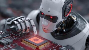 dynamisch ai Roboter interagieren mit leuchtend Mikrochip auf fortgeschritten Schaltkreis Planke, symbolisieren Zukunft Technologie und Innovation video