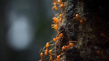 Detailed Macro View of Red Weaver Ants Actively Crawling on a Textured Tree Trunk in a Lush Forest video