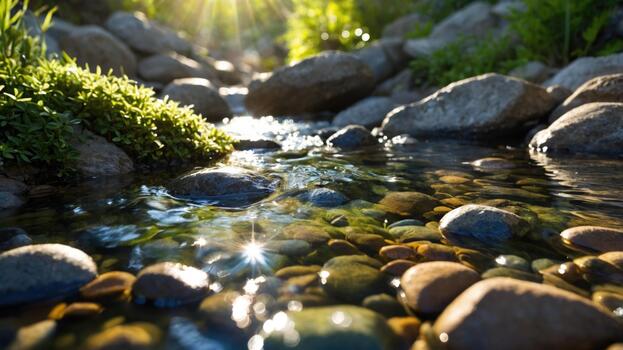 Serene stream flowing over smooth pebbles, surrounded by lush greenery and sunlight filtering through trees photo