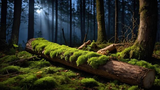 tranquilo bosque escena con un cubierto de musgo Iniciar sesión iluminado por suave vigas de ligero mediante arboles foto