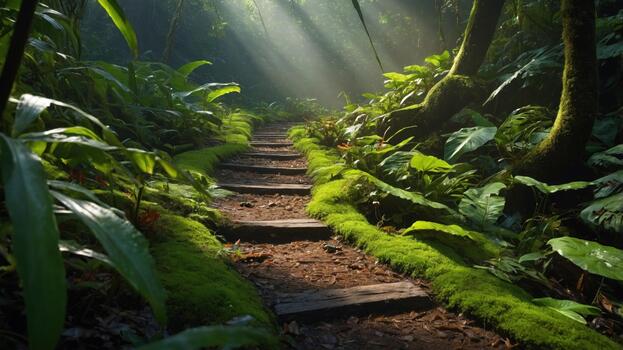 Serene forest path with sunlight filtering through dense foliage, inviting exploration and tranquility photo