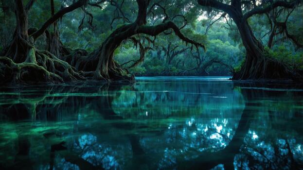 Serene forest scene with twisted trees reflected in calm waters, surrounded by lush greenery at dawn photo