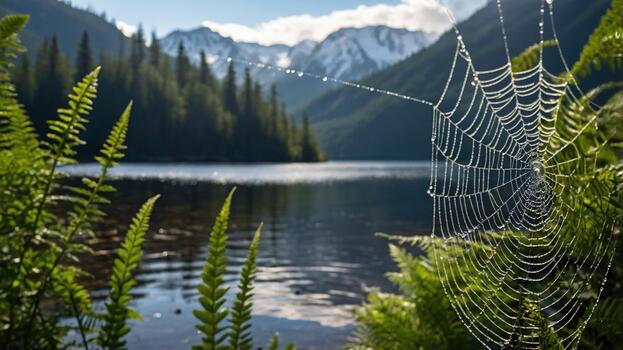 Serene lake view with a spider web in the foreground, surrounded by lush ferns and mountains in the background photo