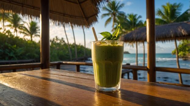 Refreshing green smoothie served in a tropical setting with palm trees and ocean in the background photo