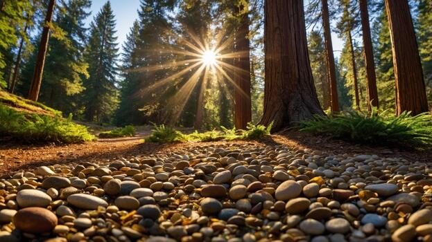 Sunlight streaming through tall trees in a serene forest, illuminating a path of smooth pebbles photo