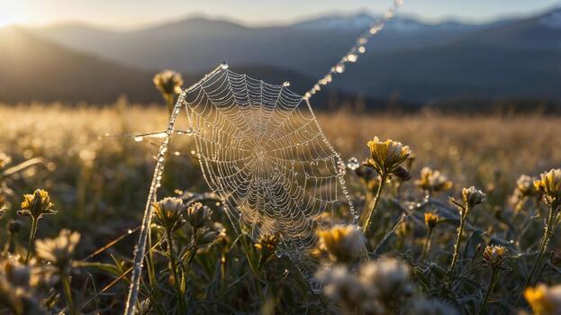 un araña web en el medio de un campo con Rocío en eso foto