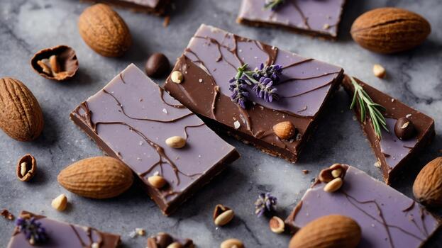 Assorted chocolate bars with lavender and nuts arranged on a marble surface, creating a gourmet display photo