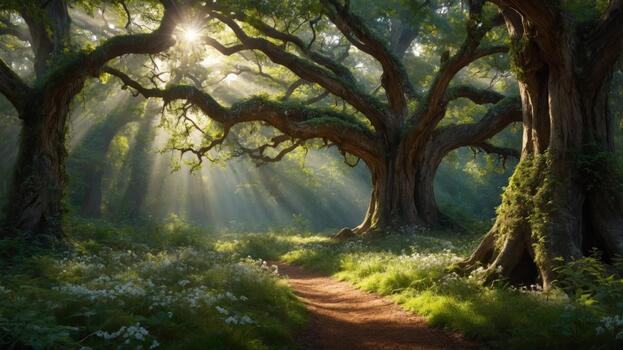 Sunlight streaming through ancient trees in a serene forest path, creating a tranquil atmosphere photo