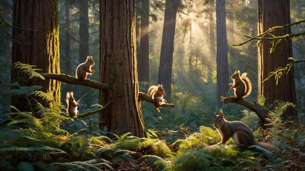 Squirrels gathering on tree branches in a serene forest, sun rays filtering through trees, lush greenery photo