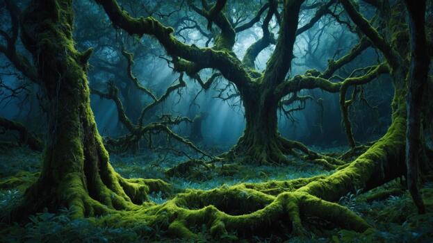 Enchanted forest with twisted trees and moss, illuminated by soft light, creating a magical atmosphere photo