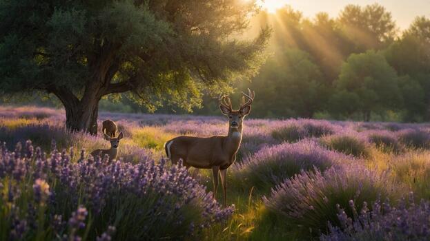 Serene scene of a deer and fawn in a lavender field during golden hour with soft sunlight filtering through trees photo
