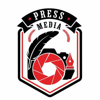Dynamic Press Media Emblem Design Featuring Camera, Quill, and Ink Pen, Symbolizing Journalism and Communication vector