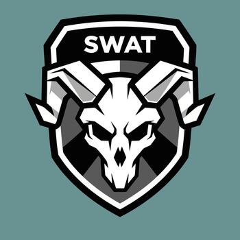 emblem featuring a skull with ram horns and the word SWAT on a gray background, representing a tactical team or unit vector