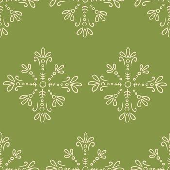 Snowflake pattern with decorative organic shapes repeating on a green background in a simple festive style. The concept represents winter, holiday wrapping and eco-friendly seasonal design vector