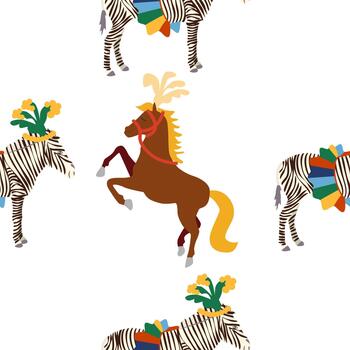 Seamless pattern with a CIRCUS theme. Circus zebra characters. Flat cartoon style. vector