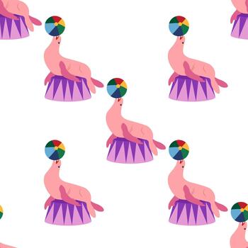 Seamless pattern with a CIRCUS theme. Circus characters, including a seal. Flat cartoon style. vector