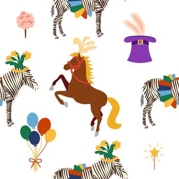 Seamless pattern with a CIRCUS theme. Circus zebra characters. Flat cartoon style vector