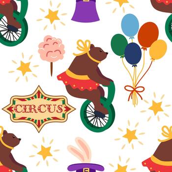 un sin costura modelo con un circo tema. un circo oso personaje en un bicicleta. plano dibujos animados estilo. vector