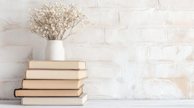 Stack of books and vase of flowers on white background photo
