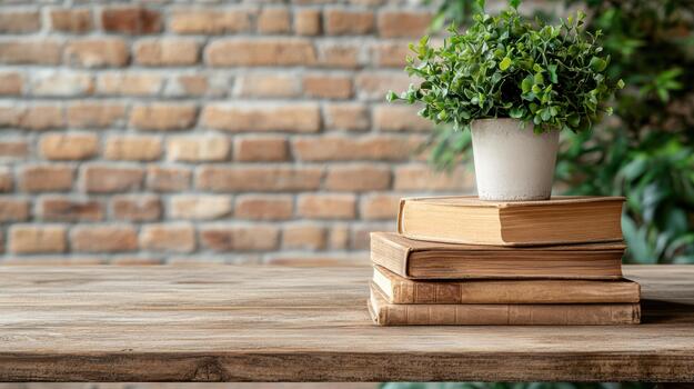 A stack of books and a potted plant on a table photo